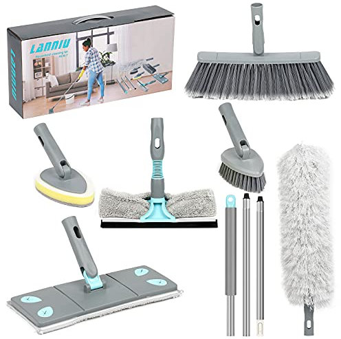 Plumero de Microfibra con Barra de extensión (Acero Inoxidable), Kit de Limpieza para el hogar con trapeador de Microfibra, Escoba, Plumero y limpiacristales, Cepillo de Limpieza para bañera y