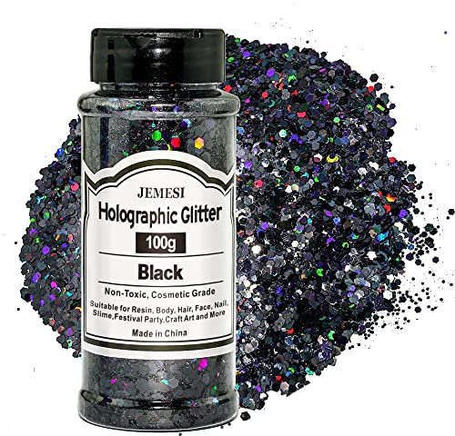 JEMESI Holographisches Chunky Glitter, Schwarz 100g Pailletten, für Harz, Gesicht, Nagel, Körper, Kunsthandwerk, Slime Festival Party Art, Glitzerpuder für Nägel