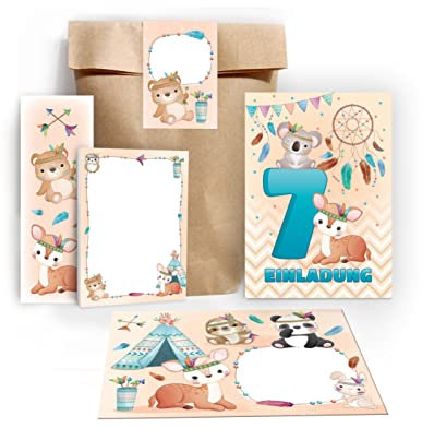 12 Einladungskarten zum 7. Kindergeburtstag Einladung zum siebten Geburtstag Mädchen Jungen Tiere Indianer Koala Reh incl. 12 Umschläge, 12 Tüten / natur, 12 Aufkleber, 12 Lesezeichen, 12 Blöcke