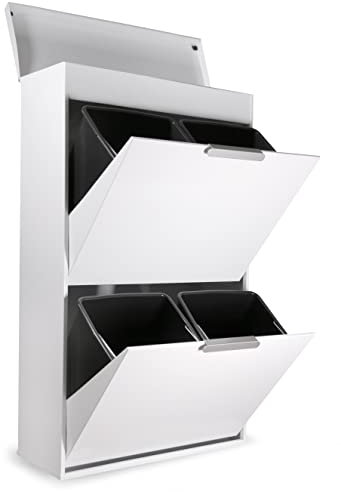 Arregui Ecoclas Plus CR621-E Cubo de Basura y Reciclaje de Acero de 4 Compartimentos con Bandeja Superior | 4x17L (68L) | Cubos de Basura de Cocina | Contenedores de Reciclaje para Casa | blanco