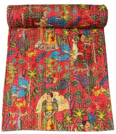 Marubhumi Tagesdecke, indisches Farida-Design, reine Baumwolle, indische Baumwolle, Tagesdecke, Tagesdecke, Queensize-Bett (228,6 x 274,3 cm) Rot