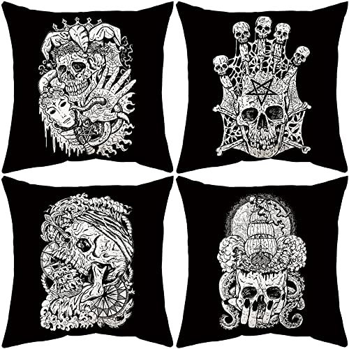AKIS Home Kissenbezug 45x45cm 4er-Set in Schwarz Farbe mit Totenkopf Muster Kissenbezüge für Sofa Büro Wohnzimmer Wohndeko Coole Kissenhülle…