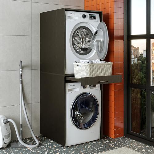 ROOMART Armario de lavadora para secadora y lavadora con tabla extensible blanco y negro roble (roble negro, sin armario plegable)