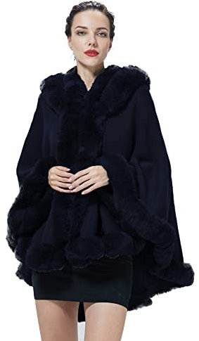 BEAUTELICATE Damen Kunstpelz Strick Poncho Cape Warm Umhang Gestrickt mit Kapuze Cardigan Brautjacke Bolero für Winter Hochzeit Abend Weihnachten (Marineblau mit Pelzkragen, Einheitsgröße)
