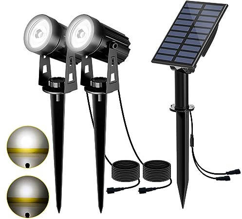 T-SUN Faretto Solare Esterno Lampada da Giardino Solare 2 Modalità di Illuminazione 270 ° Regolabile Impermeabile IP65, Automatico on/off per Alberi, Giardini, Strade, Prati(3000K, 2H)