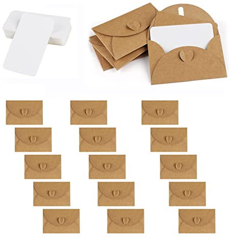 WOOXDYUK 15 Kraftpapier Umschläge mit 15 Blanko Papier Karten, Mini Briefumschläge mit Herz Verschluss für Geschenkkarten Geburtstagskarten Hochzeits Einladungen Danksagungskarten