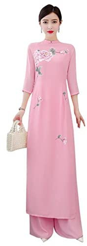 LWODANU Ensemble de deux pièces de style chinois pour femme - Haut long et pantalon - Rose et blanc - Style décontracté vintage Harajuku Ao Dai Vietnam imprimé