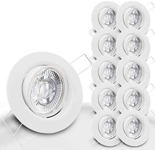 trendlights24 Decora LED Einbaustrahler 230V Weiß rund dimmbar, 10er Set Spots 7W GU10 Kaltweiß, Decken Einbauleuchte 68 mm, Einbauspots schwenkbar