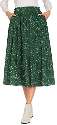 Parabler Damen Chiffon Midirock Retro Polka Dot Rock Sommerrock Elastische Taille Faltenrock Elegante Strandrock mit Tasche Sommer Winter Dunkelgrün M