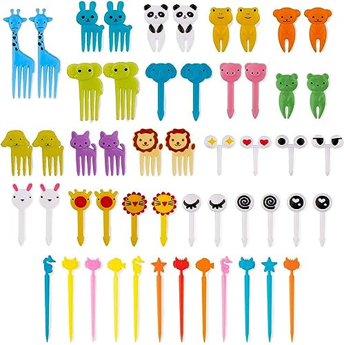 DDKY Mini Tenedores De Frutas De Dibujos Animados para Niños, Mini Pinchos Palillos De Dientes Adultos Postre Frutas Fiesta Infantil (52 Pièces)