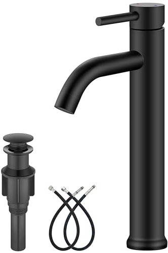 Aolemi Robinet d'évier noir mat pour salle de bain en acier inoxydable haut à barillet haut, poignée unique, support de pont à un trou avec bonde de vidage escamotable, robinet mitigeur de lavabo