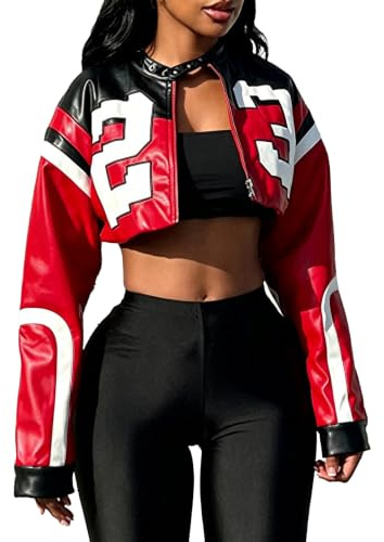 VOIKERDR Leather Jacket Cropped Jacket Motorcycle Jacket Y2K Letter Bomber Jacket Women Faux Leather Jacket Streetwear