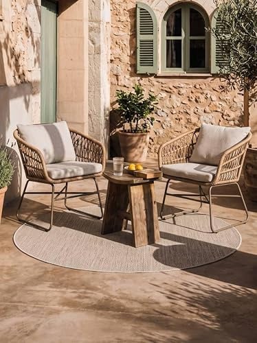 RugVista Clio In & Outdoor-Teppich, Rund, Ø 150 cm, Beige | Moderne, Niedriger Stapel, Nur Handwäsche, Oeko-Tex 100, UV-beständig, Diele, Patio
