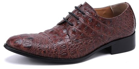 FSDIYU Anzugschuhe Herren, Business-Casual-Brogue-Schnürschuhe für Herren mit Kroko-Print, Barber Host Nachtclub Bühne Hochzeit Party Bankett Abschlussball Uniform Büro Arbeitsschuhe,36 EU,Brown