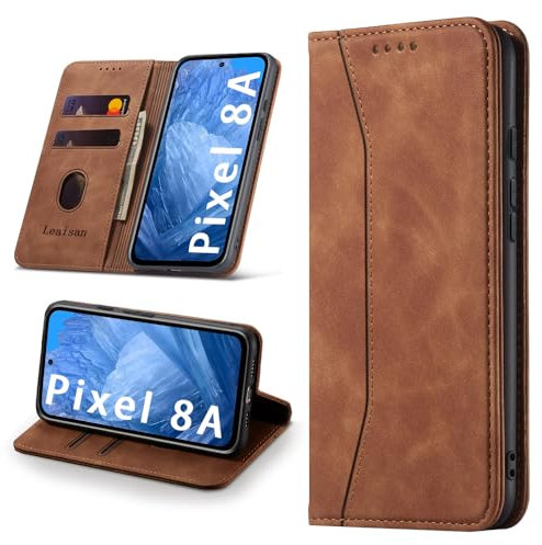 Leaisan Handyhülle für Google Pixel 8A Hülle Premium Leder Flip Klappbare Stoßfeste Magnetische [Standfunktion] [Kartenfächern] Schutzhülle für Google Pixel 8A 5G Tasche - Braun