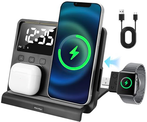 Stazione di ricarica per Apple Watch e iPhone, 5 in 1 Apple Caricabatterie induttivo rimovibile Wireless Charger per iPhone 15 14 13 12 11 Pro/Max/Plus SE X XS XR & Apple Watch 9 8 7 6 SE 5 4 3 2 e