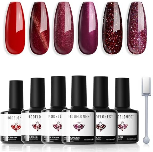 Modelones UV Nagellack 6 Farben Glitzer Rot Serie Gel Nageldesign Sets Soak Off Gel Polish für Maniküre Herbst