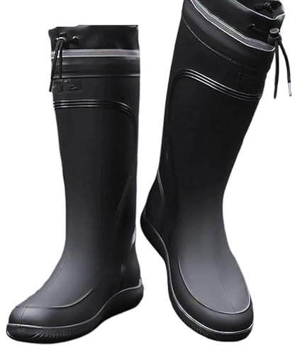 E KAINI Stivali da pioggia da uomo, impermeabili, alti al ginocchio, con stivali in gomma PVC, stivali da fango, comodi, leggeri, per giardinaggio, pesca, lavori all'aperto, nero, 44.5 EU