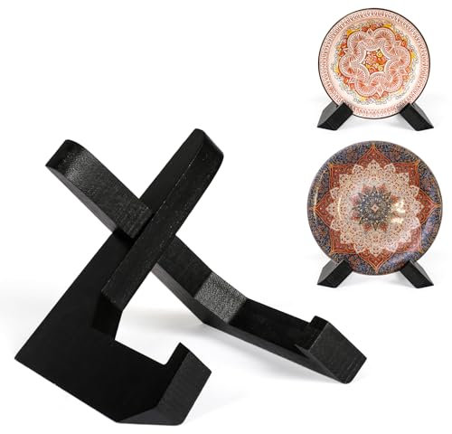 Ouvibor Plate Stand, Bowl Stands for Display, Bamboo Wooden Display Stand Easel Frame Holder for Large Deep Bowls Platters and Dishes (Black, 3.5Inch)