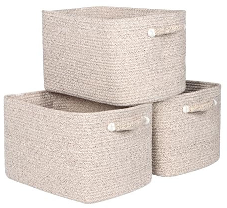 Univivi 3-Pack Storage Baskets for Shelves, Rope Basket for Towel Storage, White Bathroom Storage Basket, Woven Blanket Basket for Living Room, Shoe Basket, Baby Storage Basket, Full & Khaki