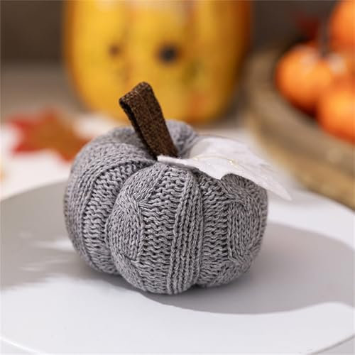 Uixxducc 4er-Set GehäKelte handgemachte Kürbis-Anhänger,Herbstdeko Hängedeko Zierkürbisse zum Aufhängen, Halloween Mini-Kürbis Deko (Grau)