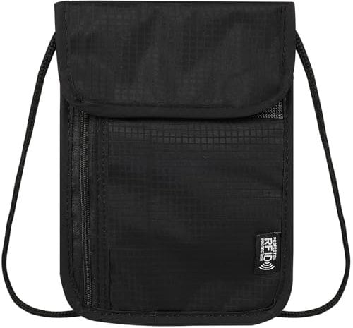 Flintronic Pochette Tour de Cou, Sac de Cou avec Bloqueur RFID, Sac de Passeport avec Bandoulière Réglable, Anti–vol, Imperméable, Portefeuille de Voyage Femme et Homme, pour Argent Billet Cartes Clés