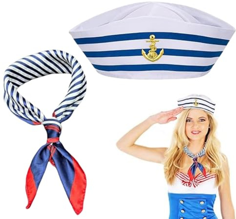 Kapitän Matrosen Kostüm Set,Streifen Matrosenmütze und Schal Set,Matrosen Hut und Schal,Matrosenschiff-Kappe,Marine Outfit,Verkleidungsparty Kostüm Zubehör für Erwachsene Kind