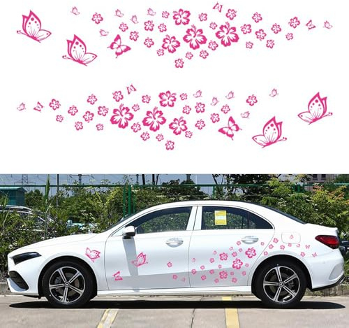 Auto Karosserie Seite Aufkleber Blume Schmetterling Dekorative Aufkleber DIY Universal Vinyl Grafik Aufkleber Auto Dekoration Zubehör für Damen(D-Rosa)