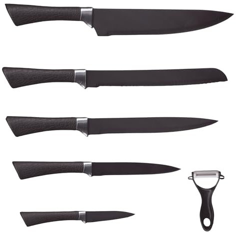 LARA MORADA Set Coltelli da Cucina 6 pezzi Acciaio Inox - Antiaderente Lame Affilate Antibatterico - Manici egonomici - Utensili da Cucina Professionali (Nero)