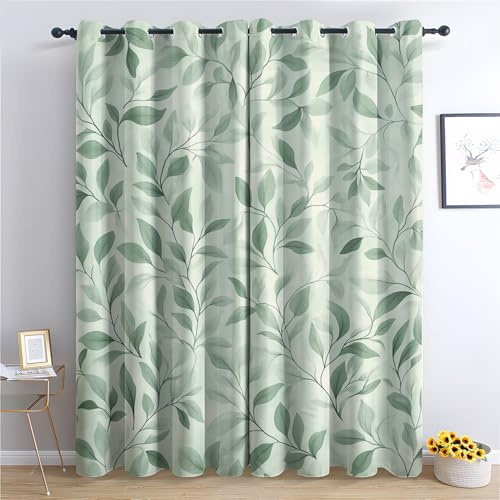 zcwl Botanisch Vorhänge, Grünes Blatt Verdunklungsvorhänge mit Ösen, Vorhang Blickdicht für Wohnzimmer Schlafzimmer Dekoration, Gardinen mit Muster, 2er Set, 145 x 140 cm (HöhexBreite)