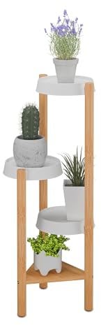 Relaxdays Pflanzenständer, 4 Ablagen, innen, Bambus & Kunststoff, HxBxT: 78 x 28 x 34 cm, Blumenständer, Natur/weiß