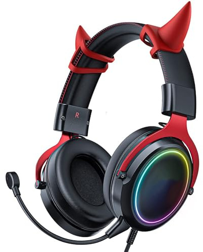 Denash Cuffie per le Orecchie del Gatto, Cuffia da Gioco RGB Cablata con Microfono, Riduzione del Rumore Luminoso su Cuffie Graziose per i Giocatori (nero rosso)