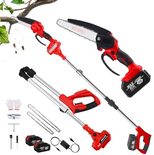 2 en 1 Élagueuse sur Perche sans Fil, 21V Télescopique Élagueur avec 8” Mini Tronçonneuse Électrique, 2 x 3000mAh, 2 Chaînes, 150° Tête Inclinable pour Jardin, Branches, Bois