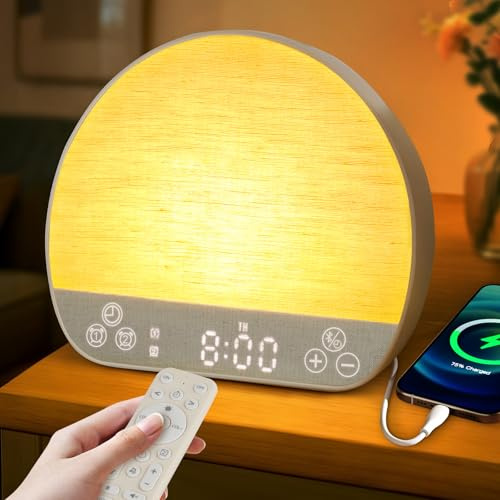 JONRRYIN Tageslichtwecker, Aufwachlicht– Bluetooth, Dual-Alarme, dimmbare Uhr, USB-Aufladung, Schlummerfunktion, 37 Schlafgeräusche, 15 Farben, Timer, Nachtlicht für Tiefschläfer Geschenk
