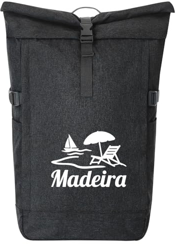 Huuraa Kurierrucksack Madeira Inselmotiv Portugal Geschenk | 30-44 Liter Backpack Black Melange Fairtrade Rolltop Rucksack Geschenkidee Schwarzer Laptop-Rucksack passend für 17-Zoll