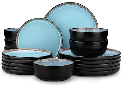 vancasso 18-Piece Plates and Bowls Sets, Stoneware Dinner Set for 6 People, Kitchen Dish Set, Microwave and Dishwasher Safe Ceramic Dinnerware, Blue Amber Series
