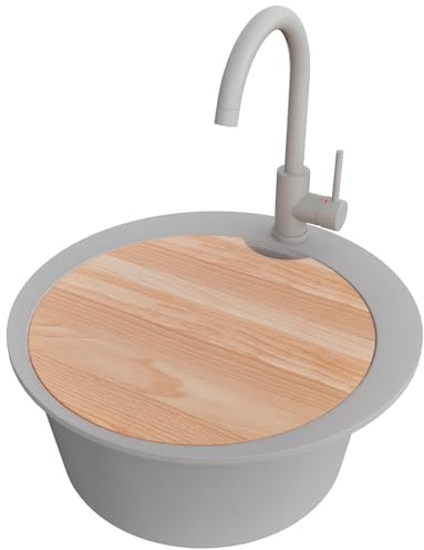PRIMAGRAN Granitspüle ab 45er Unterschrank + Küchenarmatur, 50x50cm | Set: Küchenarmatur BW5010 + Ablauf-Set + Schneidebrett + Spülbecken 1 Becken - Piza Top, Grau