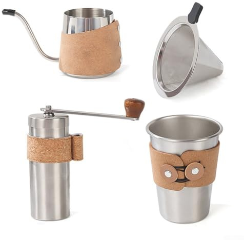 Gettimore Kaffeezubereitungsset mit Edelstahltopf, Tasse, Filtertrichter und Kork-Mahlwerk für Home Office
