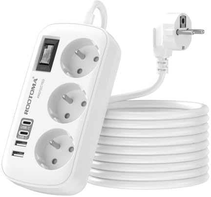 Rallonge Electrique 3M avec 4 USB (2 USB-C), Multiprise 3 Prises | Avec Interrupteur Anti-Surcharge, Parafoudre et Fixation Murale pour la maison et le bureau, 16A 250V
