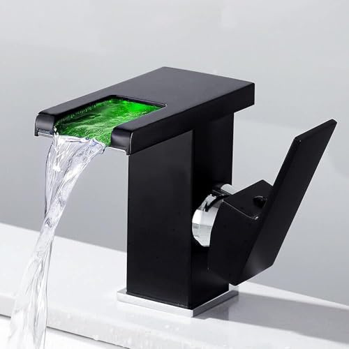 MIIWWOWO LED Waschtischarmatur Wasserfall Wasserhahn mit 3 Farbe Waschtisch Einhebelmischer für Badezimmer Badewanne Küche Bad (Schwarz)