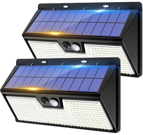 vighep 318 LED Solarlampe Außen mit Bewegungsmelder, große Solar-Wandleuchte Warmweiß, IP65 wasserdichte Außenlampe mit 3 Modi, Solarleuchte für Garten, Garage, Haustür, Treppe, 2 Stück