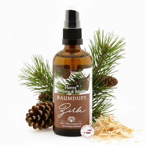 Raumduft Spray Zirbe 100 ml naturreines Zirbenöl Raumspray Glas | Raumspray mit 100 % naturreinem ätherischem Zirbenöl aus Österreich - holzig-warmer Duft für Wohnräume und Büro