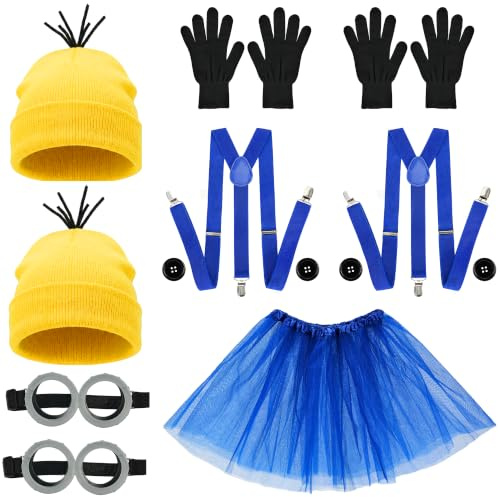 Rilcn Yellow Costume Set for Adults Couples – Funny Duo Halloween Fancy Dress with Beanie Hat Goggles Gloves Tutu Skirt & Suspenders – Matching Party Costume for Men Women Friends