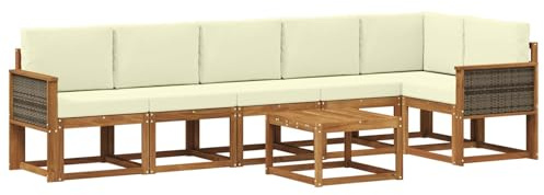 vidaXL Outdoor-Sofagarnitur mit Kissen 7 pcs Natur und Creme Polyester, Modernes Garten-Sofa Set, wetterfestes Möbel, Sektional für die Terrasse, Akazienholz, Entspannung im Freien