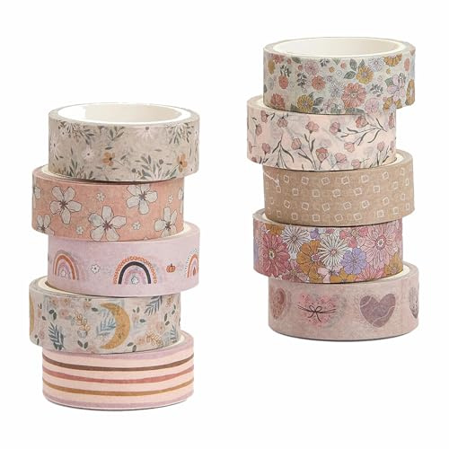 HBYMYDA 10 Rollen Washi Tape 15 mm Boho Bunt Blumen Masking Tape Retro Dünn Dekoratives Klebeband für DIY Handwerk Scrapbooking Planer Hobel Bullet Journals Rosa (Rosa)