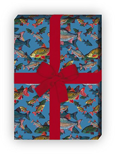 Edles Geschenkpapier Set (4 Bogen) | Dekorpapier mit Fischen unter Wasser für tolle Geschenk Verpackung zur Taufe, Geburt, Ostern, Geburtstag, Hochzeit, Weihnachten u.v.m. 32 x 48cm, auf blau