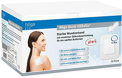 Höga Derm Silikofix 9 cm x 10 cm, steriler Wundverband (Pflaster) mit moderner Silikonbeschichtung für ein sanftes Entfernen, 50 Stück