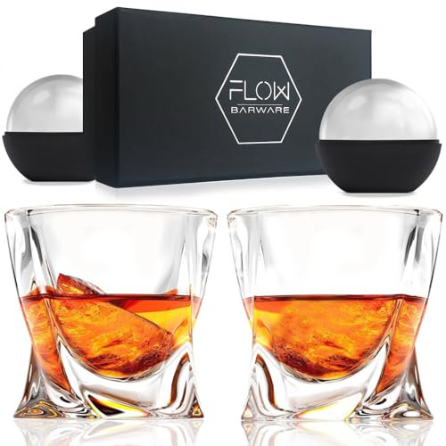 FLOW Barware Twist Whiskey Glasses Set of 2 | Twisted Design Whisky Glasses Gift Set | Perfect Heavy Tumbler Glasses for Scotch, Bourbon Gin & Tonic & Negroni Cocktails
