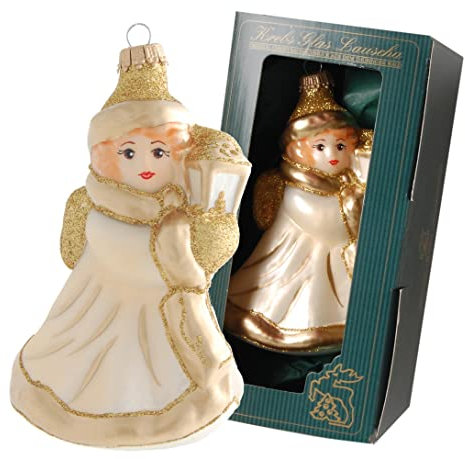 Krebs Glas Lauscha Beige/Gold 13cm Engel mit Laterne, Glasornament, mundgeblasen, handbemalt