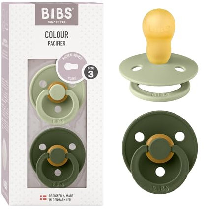BIBS Colour Schnuller 2er-Pack, BPA-frei, Kirschform Nippel. Naturkautschuk/Latex, Hergestellt in Dänemark. 18+ Monate (2er Pack), Sage/Hunter Green